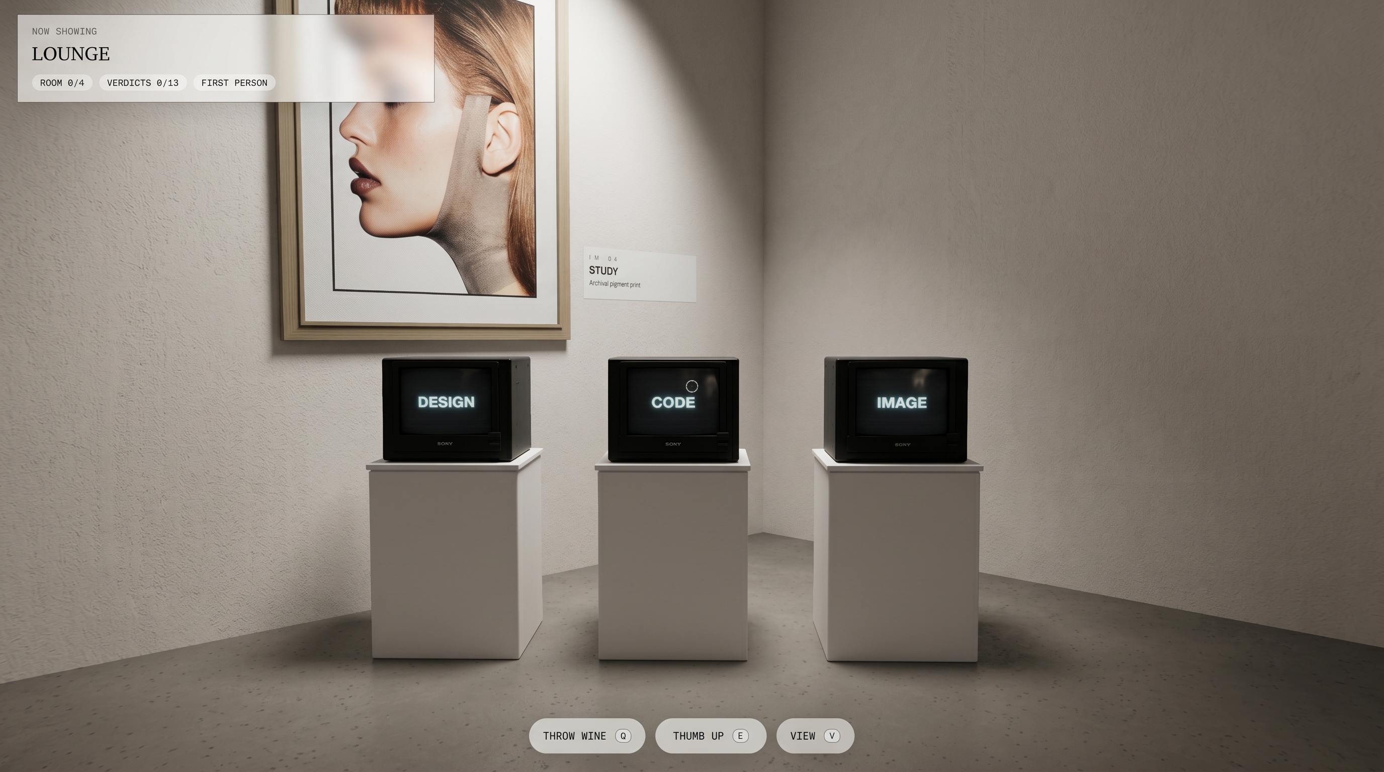 The Lounge — the video triptych DESIGN / CODE / IMAGE on white plinths