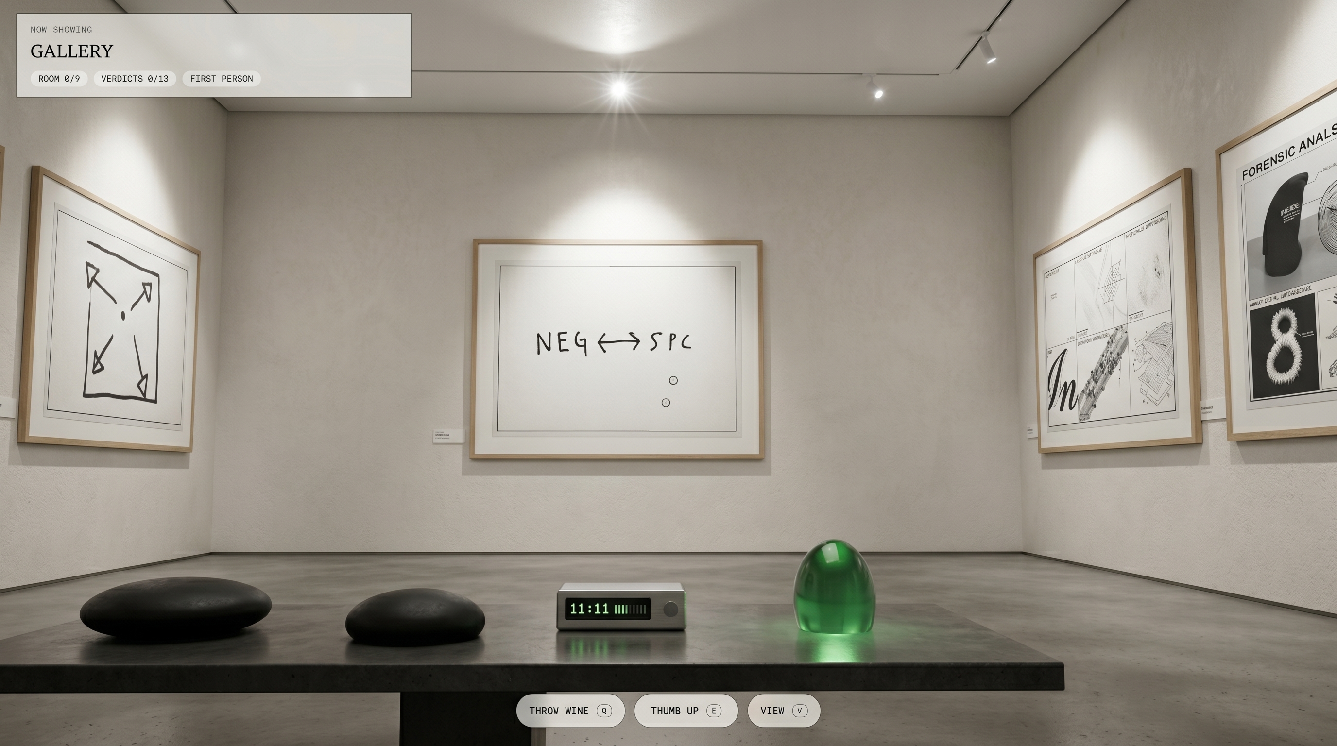 The Hero Show — the central plinth with a green-glass egg, a receiver reading 11:11, two near-black stones