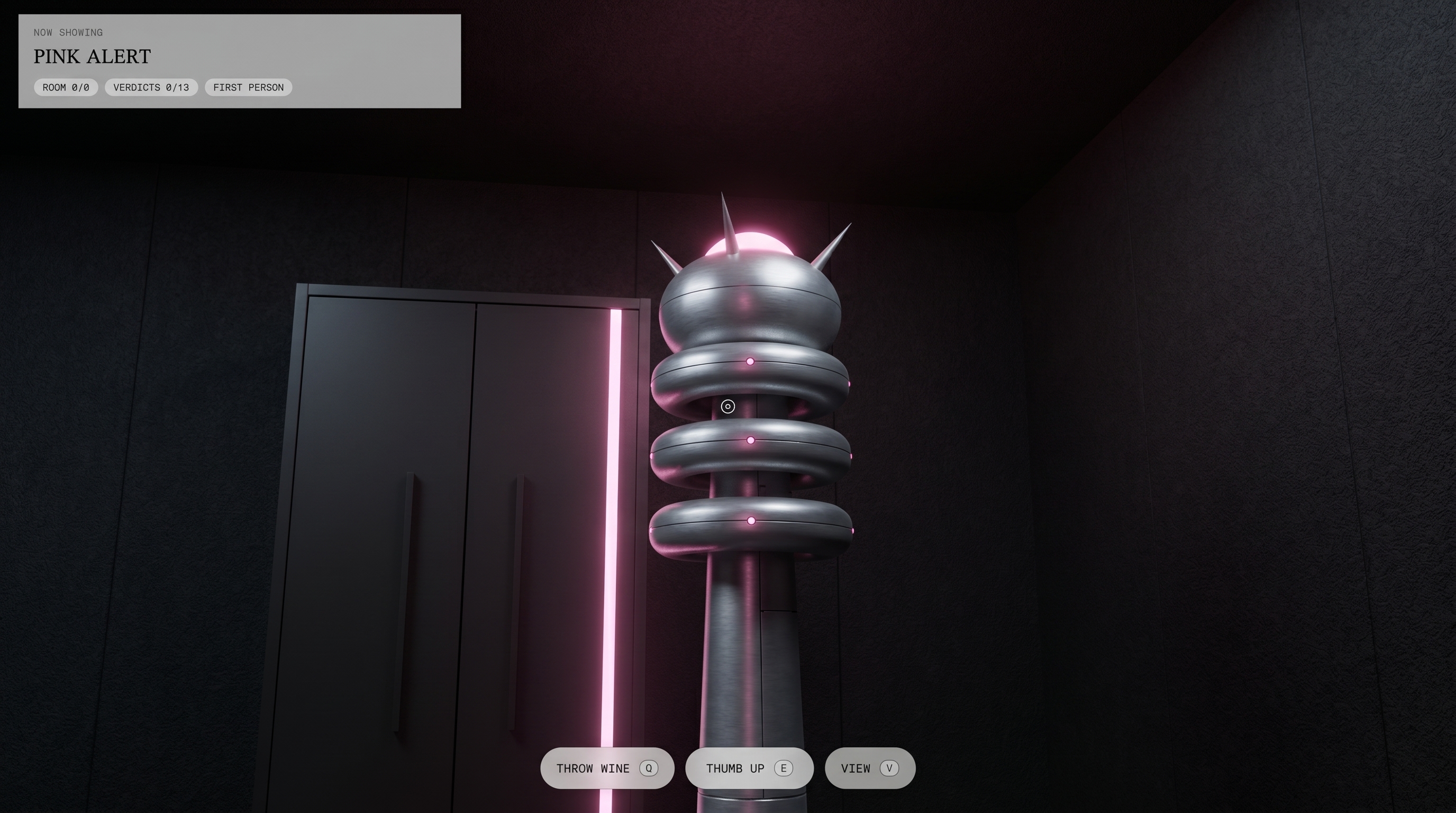 Pink Alert — a chrome Tesla coil breathing pink in a near-black vault